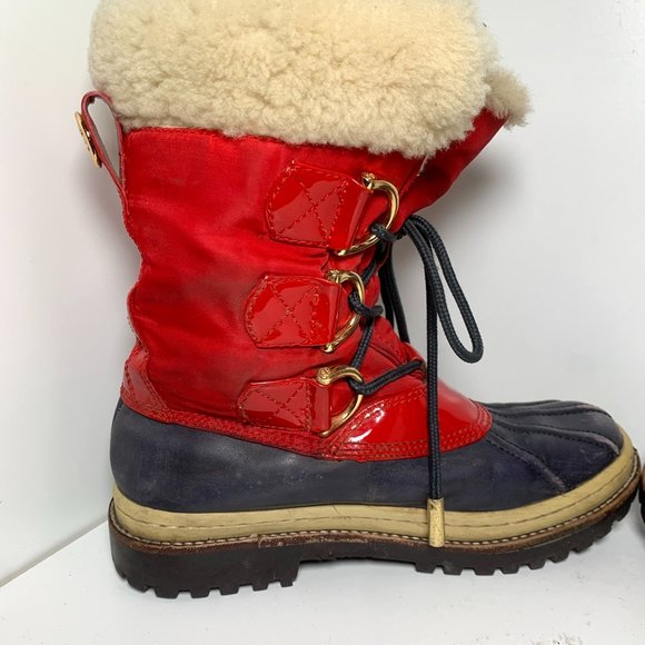 Tory Burch Duck Rain Lace Up Waterproof Boots Navy Red 5 - Picture 3 of 9